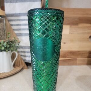Starbucks Green Textured Diamond Pattern Cold Cup with Straw
